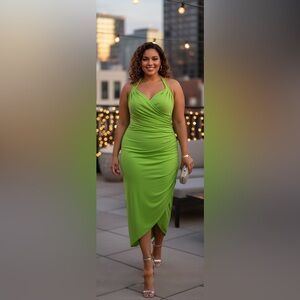 $250 Plus Size NORMA KAMALI Diana Draped Neon Green Halter Dress XL/42 NWT